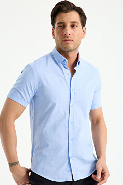 Naliru Gömlek Yakalı Kısa Kollu Düğmeli Pamuklu Keten Dokuma Kumaş Slim Fit D...