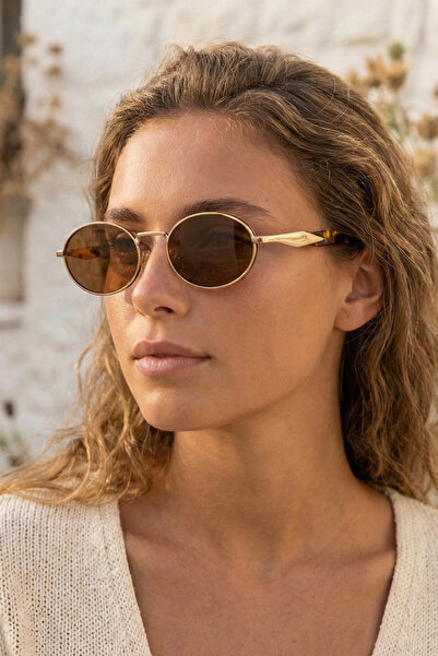 Kapin Claw Metal Detaylı Oval Unisex Güneş Gözlüğü - Gold Çerçeve Kahverengi Cam