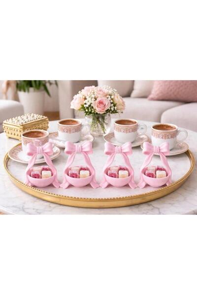 Lumiyo 4’lü Fiyonklu Kahve Yanı Lokumluk Seti – İnci Tozu Pembe Dekoratif Lok...