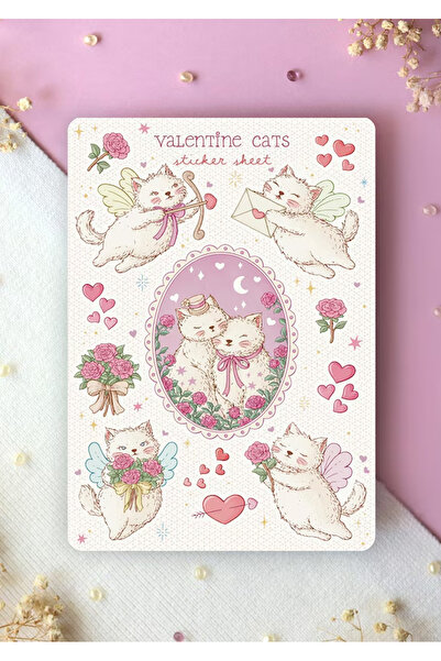 LABELOVE Valentine Cats Sticker Seti A5 – Sevimli Kedi & Kalp Temalı Dekorati...