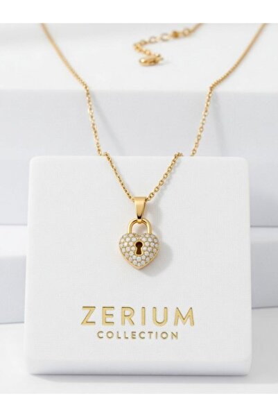 ZERİUM Interlocking Heart Steel Women's Necklace with Zircon Decoration 45 cm
