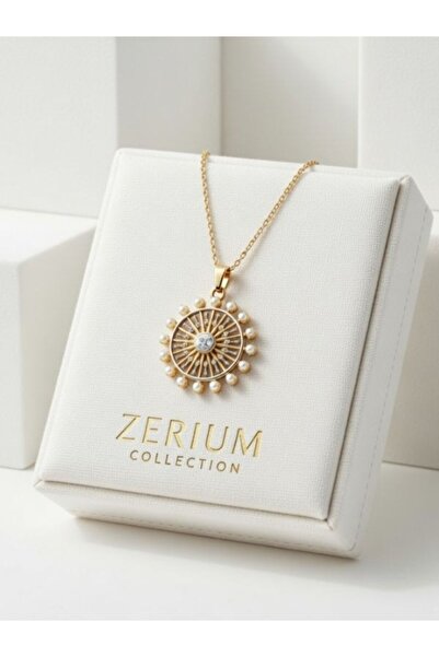 ZERİUM Pearl and Sun Motif Women's Steel Necklace Vintage Inspired 45 cm