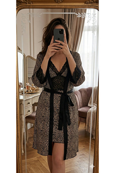 Luma Decor Leopard Printed Li Lace Detailed Nightgown Set with Robe