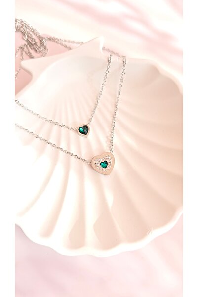 MİLUNXTE 316L Stainless Steel Emerald Green Zircon Stone Heart Double Combina...