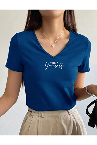 SUNFREE Slogan Be Yourself Printed V-Neck Basic Cotton Pack Women's Combed Co...