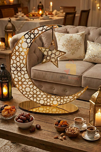 moontime alaçatı Ahşap ve pleksi Ramazan ayı masa süsü, ay ve yıldız dekoru