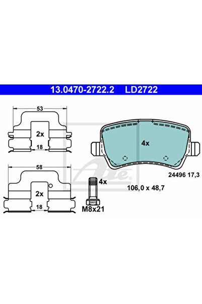 Ate Σετ τακάκια φρένων, δισκόφρενο 13.0470-2722.2