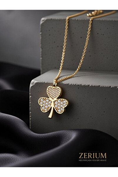 ZERİUM Üç Yapraklı Yonca Kadın VIP Kolye Zirkon Şans Yoncası 45 Cm