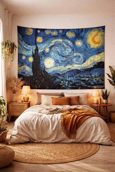 ALAMODECOR Yıldızlı Gece (The Starry Night), Vincent Van Gogh Duvar Örtüsü - ...
