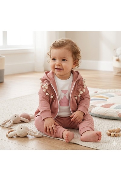 Egelite Kız Bebek, Yenidoğan, Ponpon Detaylı, Hırkalı, Çıtçıtlı Badili, 3 Par...