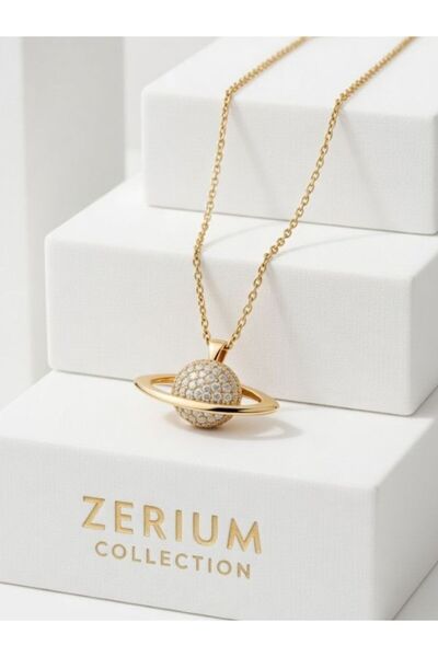 ZERİUM Satürn Motifli Kadın Çelik Kolye Zirkonlu Gezegen Tasarım 45 Cm