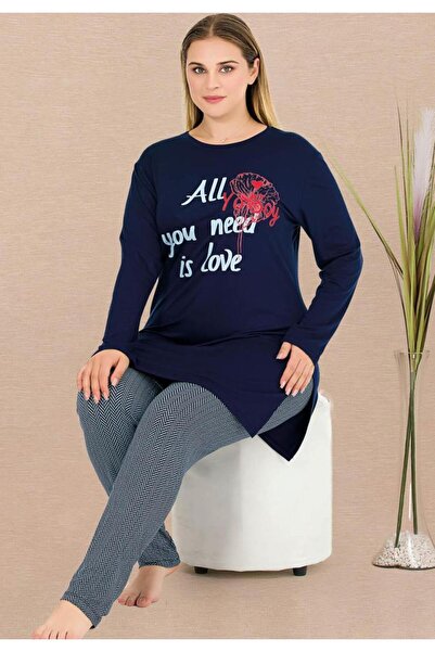 by İGP Navy Blue Long Sleeve Plus Size Tunic Leggings Pajama Set