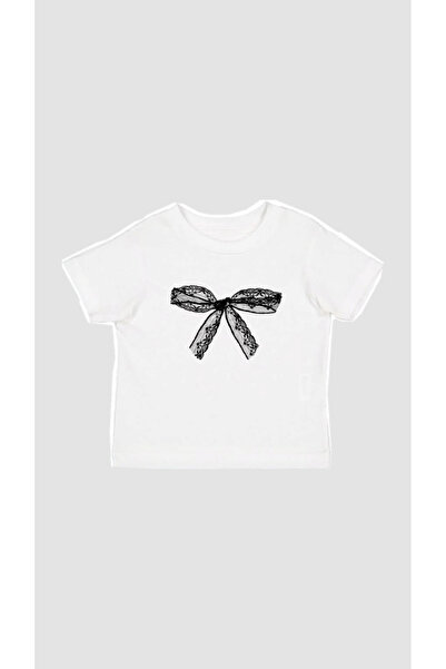 Violon White Lace Ribbon Printed Women Cropped