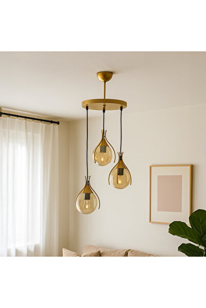 moontime alaçatı Şık 3'lü cam avize, Eskitme/Bal tonları, 85x30x30 cm, zarif ...