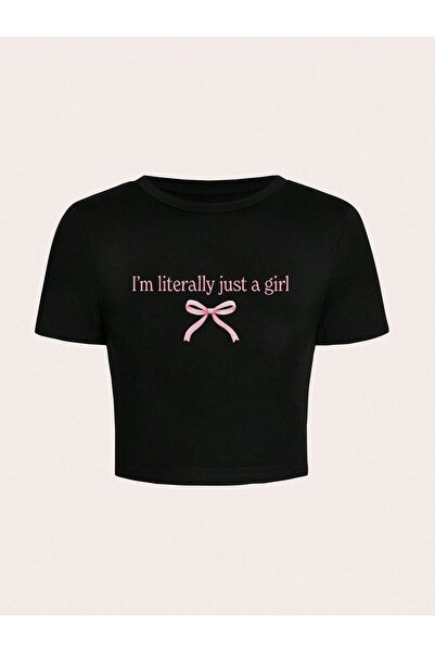 Violon Just a Girl Font Printed Black with Pink Ribbon Cropped