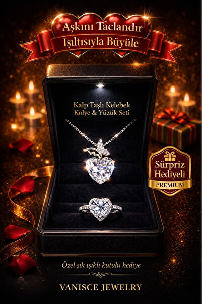VANİSCE Işıklı Kutuda Kristal Taşlı Kelebek Kolye,Kalpli Yüzük Ayarlanabilir ...