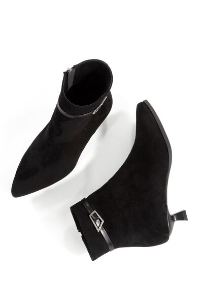 Modabuymus Black Suede Stone Buckled Short Goblet Heeled Boots Jade