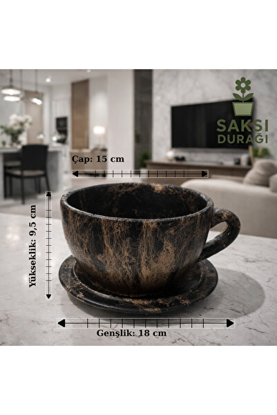 Home Mermer Efekt Polyester Fincan Saksı Syah-Altın