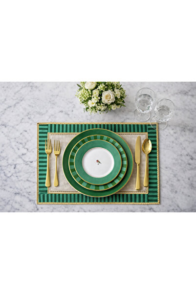 Lilies Atelier Nakışlı Keten Amerikan Servis 35x50 cm 2’li Set | Yeşil Gold D...