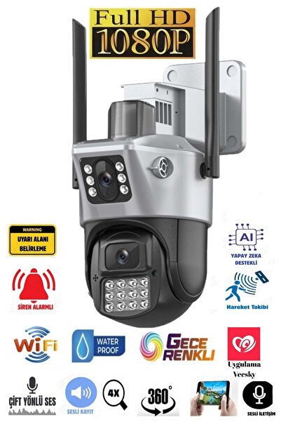 ROXİVA ICSee Uygulamalı 8MP Dual Lens Çakarlı Alarm Hareketli Gece Görüş Sesl...