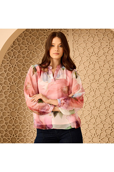Generic Floral Print Mandarin Collar Top