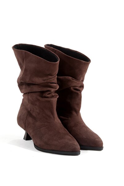 Modabuymus Dark Bitter Brown Suede Short Goblet Heeled Boots Wrinkled Ankle B...