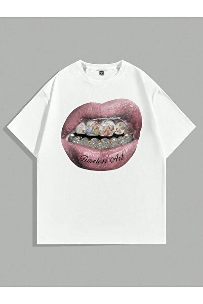 Violon Timeless Art Lip Graphic Printed White T-Shirt