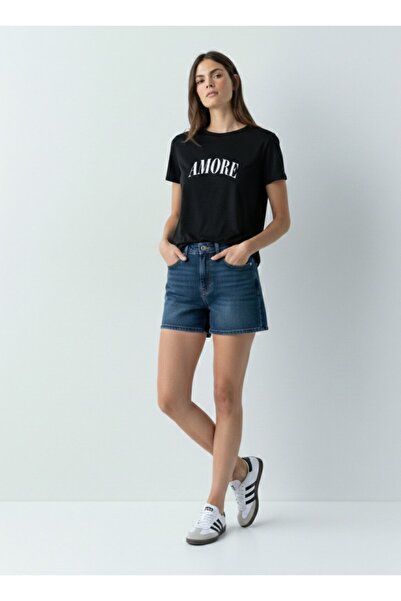 Ltb Tricou negru relaxat Amoure cu imprimeu