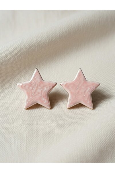ahsenaksesuar2025 Pink Star Enamel Wave Patterned Minimal Earrings - Steel Do...