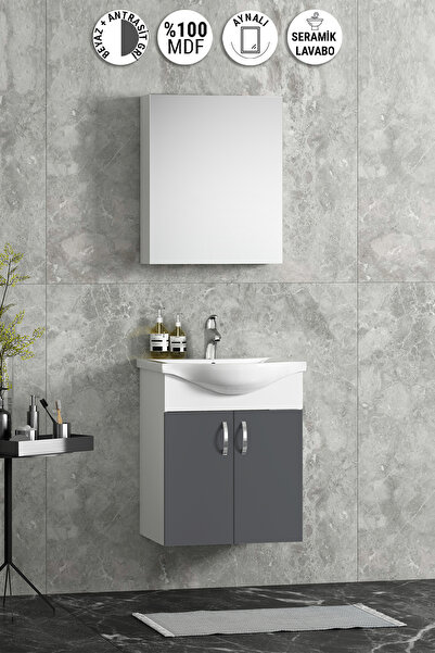 ÖZCEDEN Yıldız 50 cm Antrasit Gri MDF Seramik Lavabolu Asma Banyo Dolabı Takım