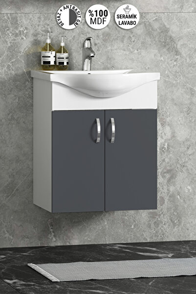 ÖZCEDEN Yıldız 50 cm Antrasit Gri MDF Seramik Lavabolu Asma Alt Banyo Dolabı
