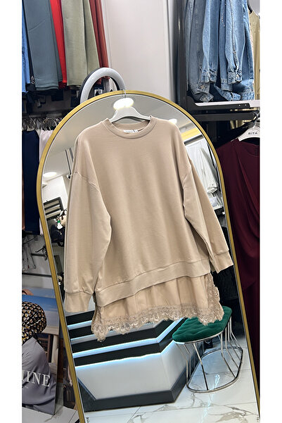 BERRA BUTİK GEDİZ Kadın Dantel Detaylı Uzun Kollu Salaş Tunik