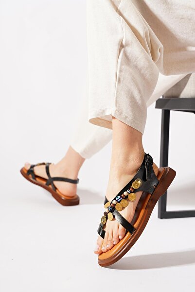 Moda Pie Tenherte Bead Coin between Fingers Genuine Leather Blood Sandals Black