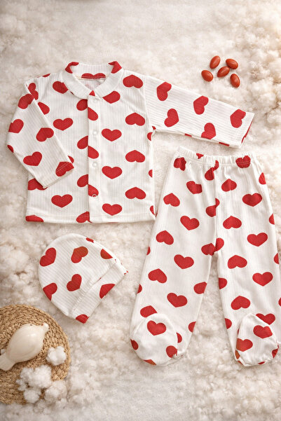 ASLİN STORE Fitilli Kumaş % 100 Pamuk Sevimli Kalp Desenli Şapkalı 3'lü Yenid...