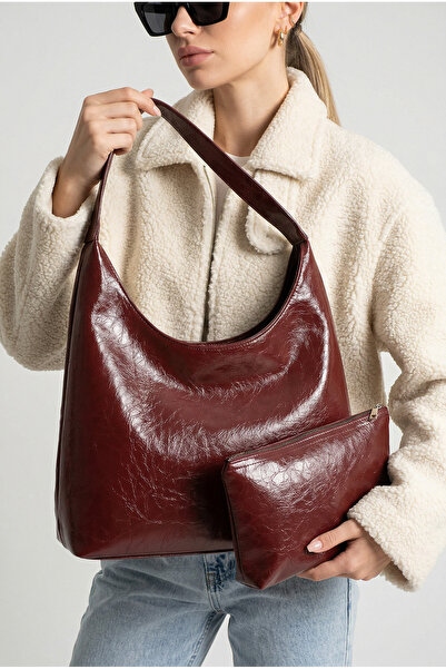 Belinabag Bordo Kadın Omuz Çantası Büyük Hobo Model Günlük Kullanım Makyaj Ça...