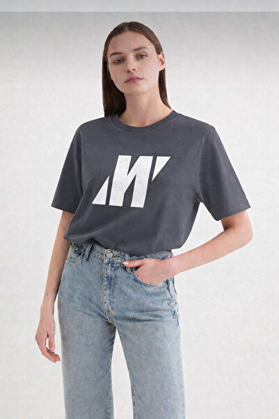 Mavi kadın oversize baskılı rahat yazlık kısa kollu premium kalite tişört