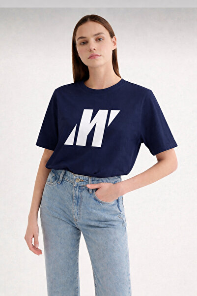 Mavi kadın oversize baskılı rahat yazlık kısa kollu premium kalite tişört