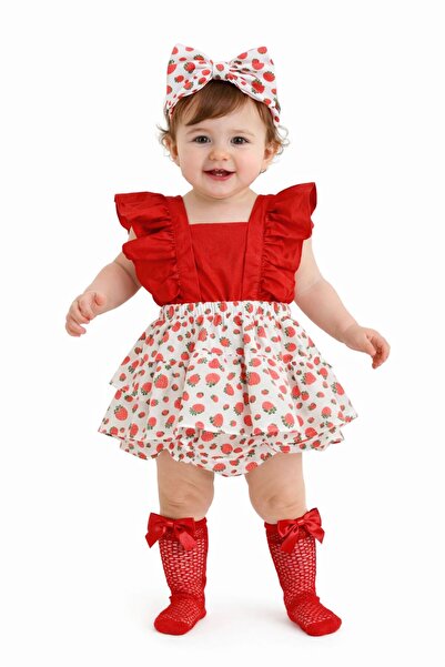ues Kız Bebek Çilek Desenli Fırfırlı Slopet Bandana Ve Kırmızı File Çorap Set