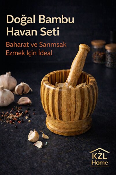 KZL HOME Doğal Bambu Havan Seti – Baharat ve Sarımsak Ezici Ahşap Havan & Tok...