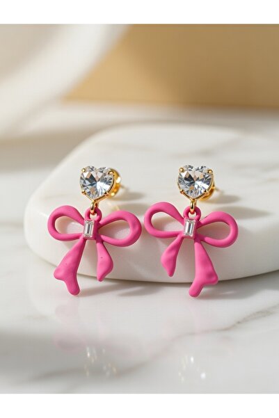 ahsenaksesuar2025 Pink Enamel Ribbon Model Elegant Minimal Stylish Design Ste...