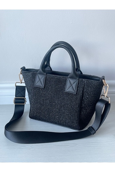 nura Μαύρο ψάθινο γυναικείο μοντέλο γράμματος Ελ και Τσάντα ώμου