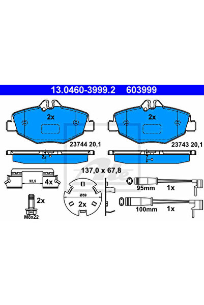 Ate Σετ τακάκια φρένων, δισκόφρενο 13.0460-3999.2
