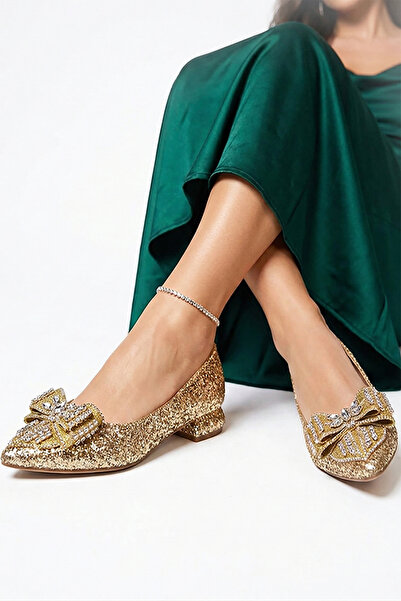 TrendyAnka Lady Princess Altın Nude Şeffaf Kristal Fiyonk Taşlı Babet Topuklu...