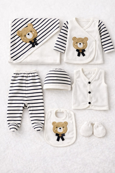 My Babies Label مجموعة ملابس للمواليد الجدد من 10 قطع مخطط ودمية دب منقوش بطا...