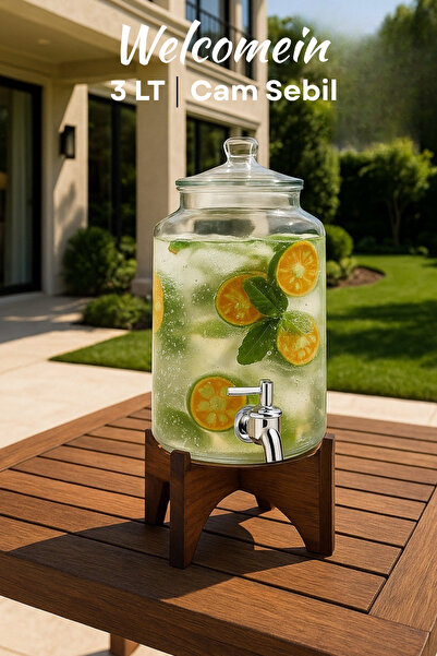 Saatistan 3 Litre Cam Dispenser, Limonata ve Soğuk İçecekler İçin Akasya Standlı