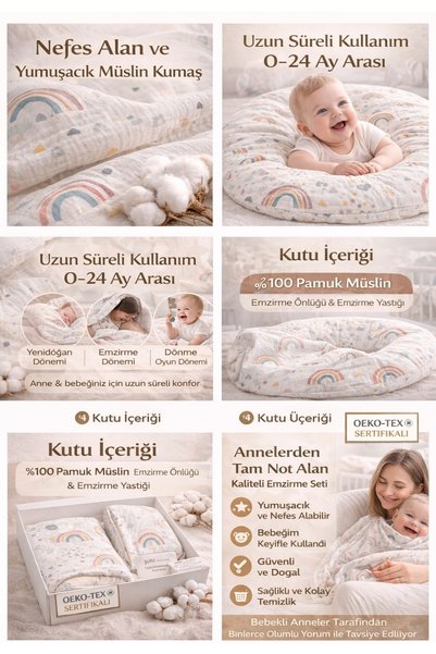 Babycitytr %100 Pamuk Müslin Emzirme Önlüğü & Emzirme Yastığı Seti OEKO-TEX Sertifikalı Anne Bebek Emzirme Seti