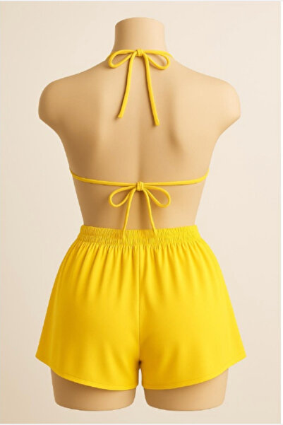 Vielove Kadın Sarı Şortlu Bikini Takımı – Belden ve Boyundan Bağlamalı Üçgen ...