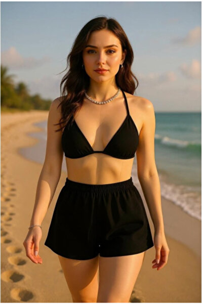 Vielove Kadın Siyah Şortlu Bikini Takımı – Belden ve Boyundan Bağlamalı Üçgen...