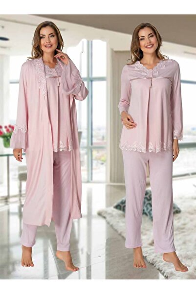 Effortt Dvina Lohusa Hamile Lace Detailed Pajama Set with Dressing Gown and L...