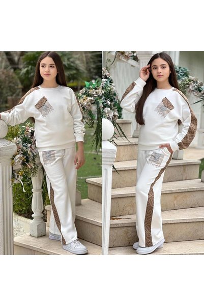 zavera for kids Girl's Stone and Striped Detail Two-Piece Tracksuit Set - 3 Yarns Without Rhinestones - Holiday Two-Piece Set